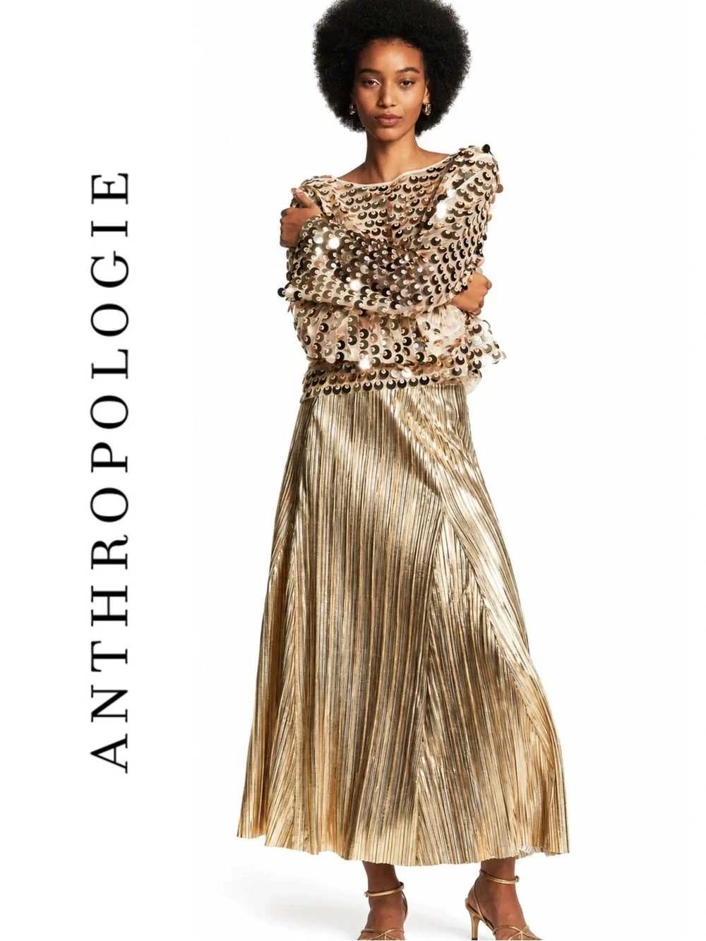 Anthropologie Metallic Pleated Midi Skirt - Picture 1 of 5